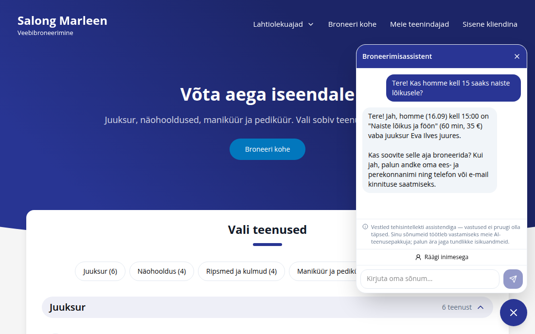 Broneerimislehe näidis: avatud broneerimisassistendi vestlus, kus klient küsib homseks aega ja assistent pakub vaba aja koos hinna ja kestusega