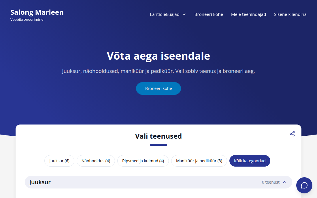 Salong Marleeni broneerimisleht sinise päise ja ümarate nuppudega