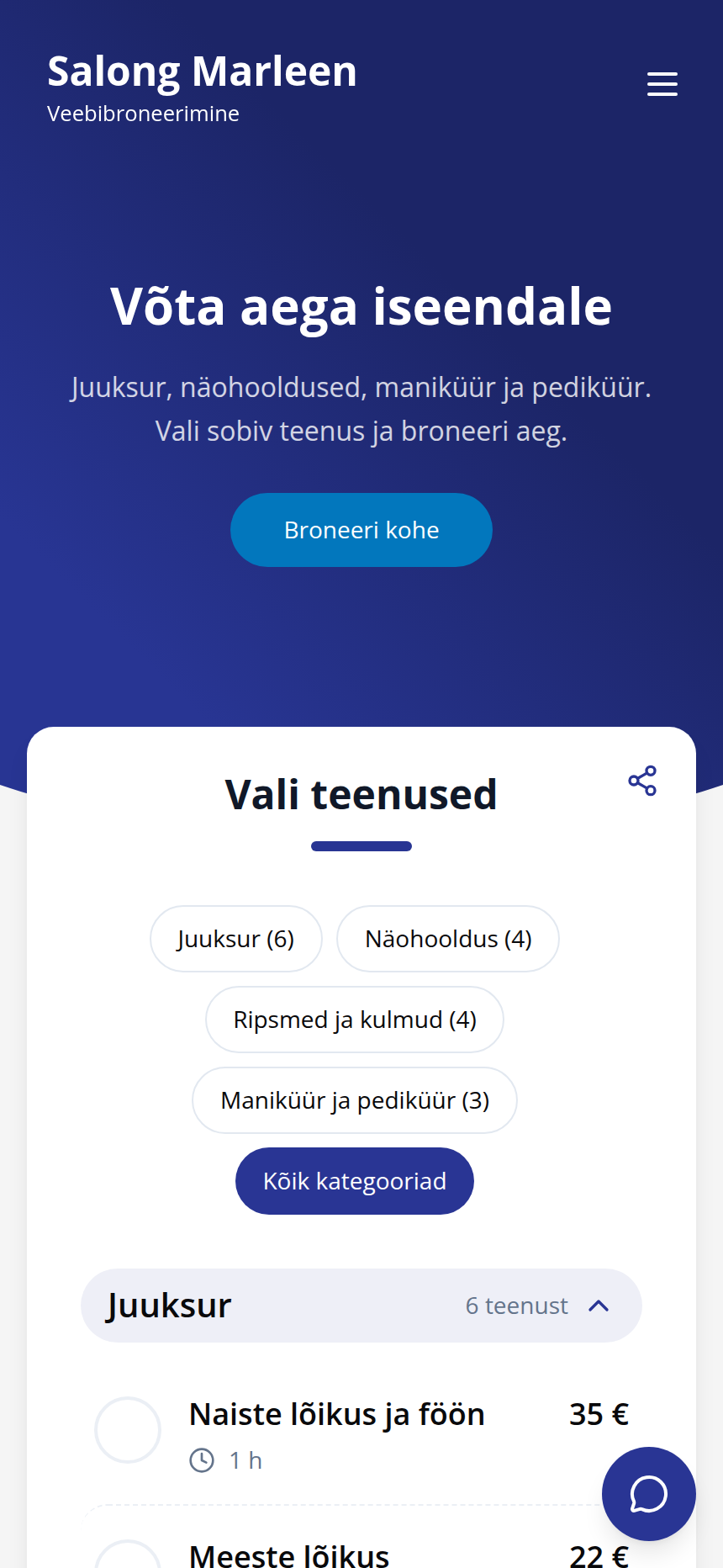 Salong Marleeni broneerimisleht sinise päise ja ümarate nuppudega