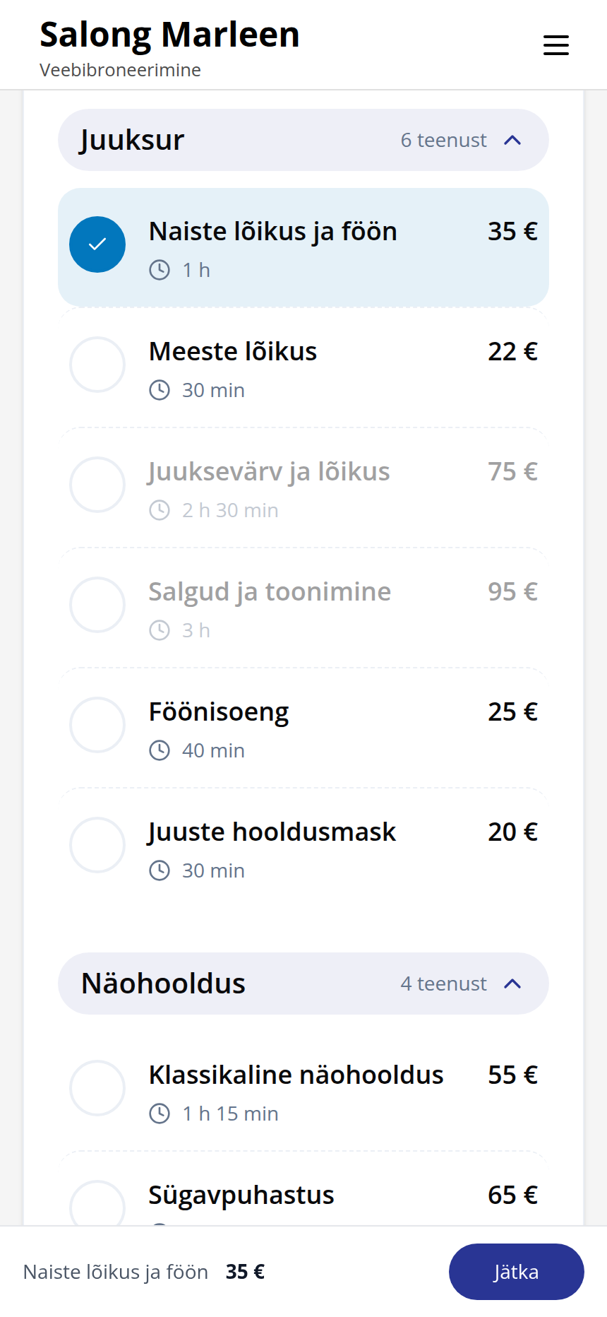 Teenuse valik: juuksuriteenused hinna ja kestusega, juukselõikus ja föön valitud