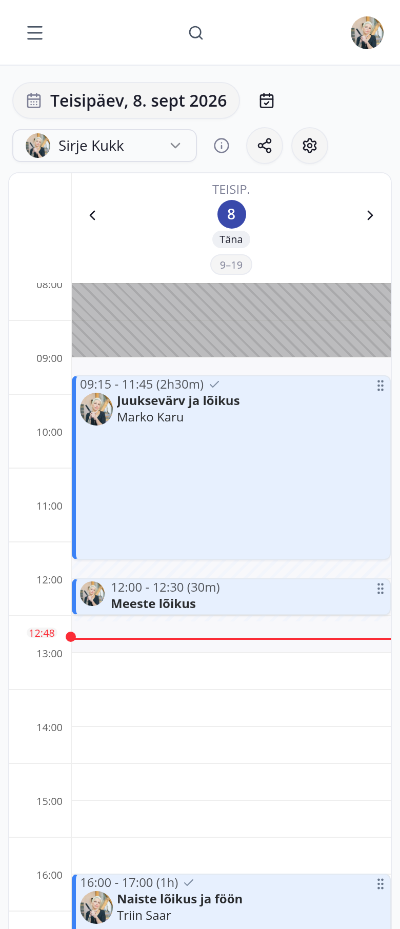 broneerimine.ee kalender telefonis: juuksuri päev, juuksevärv ja lõikus kell 9.15, juukselõikus kell 12