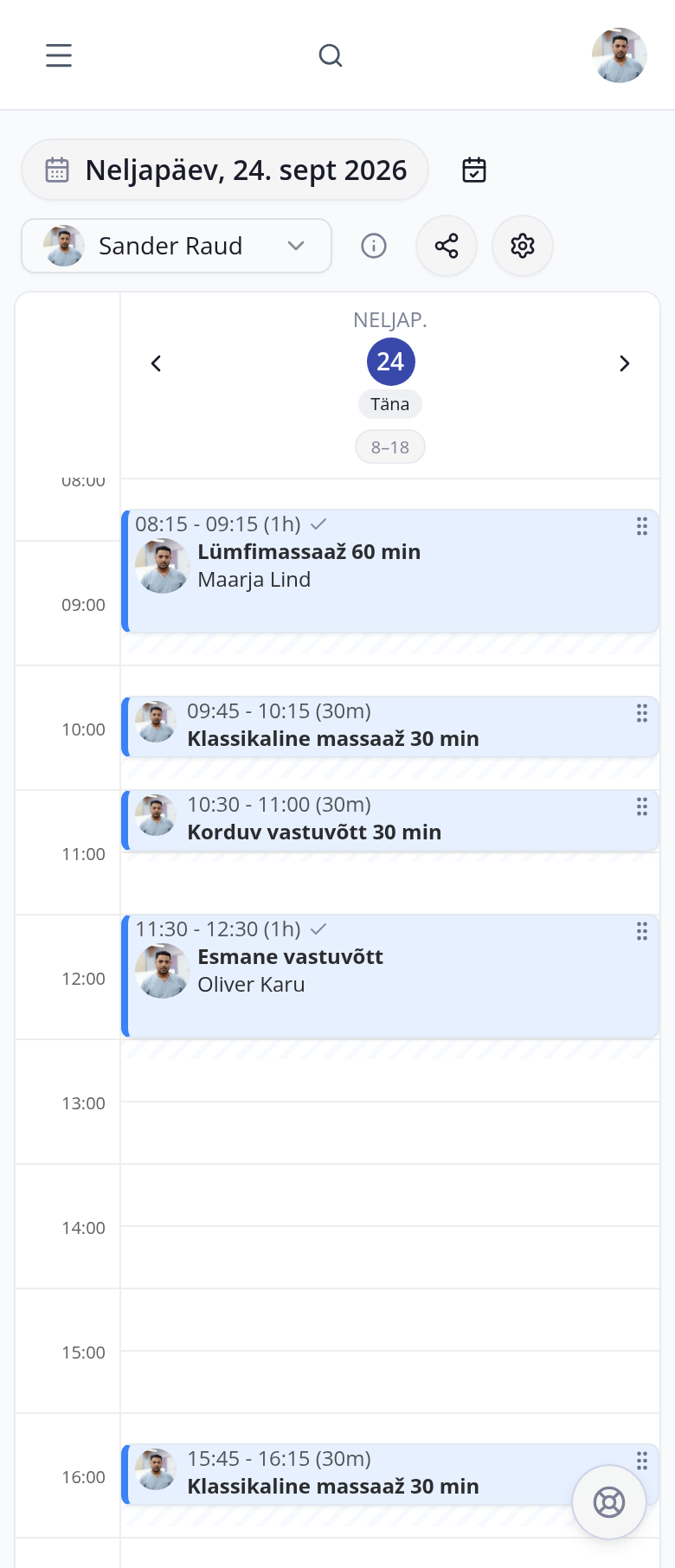broneerimine.ee kalender telefonis: spetsialisti päev, lümfimassaaž kell 8.15, klassikaline massaaž kell 9.45 ja korduv vastuvõtt kell 10.30