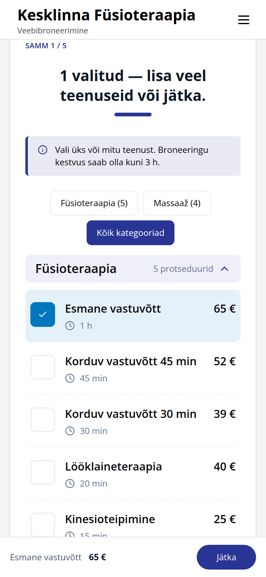 Protseduuri valik: vastuvõtud ja massaažid hinna ja kestusega, Esmane vastuvõtt valitud