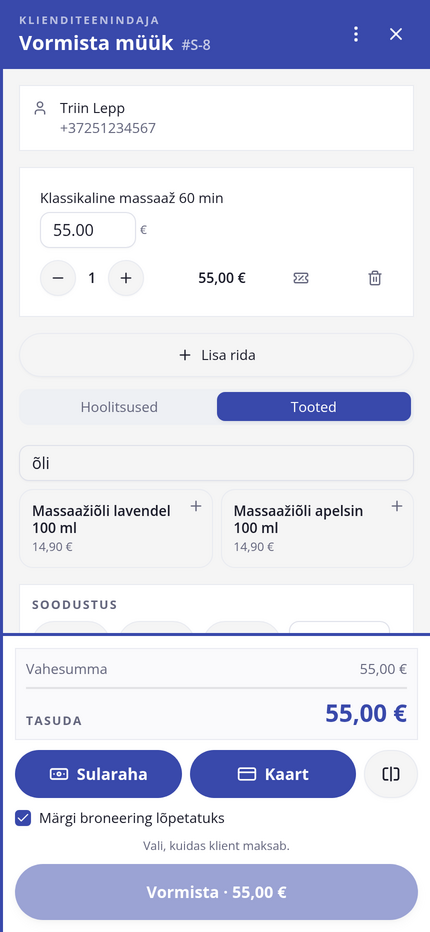 Kassa telefonis: Triin Lepa müügil on klassikaline massaaž, vahekaardil „Tooted“ on otsingus „õli“ ja kaks massaažiõli hinnaga 14,90 €
