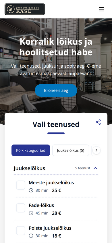 Kase Juuksurisalongi broneerimisleht telefonis – ülaribal on logo ja päises salongi foto, all teenuste valik