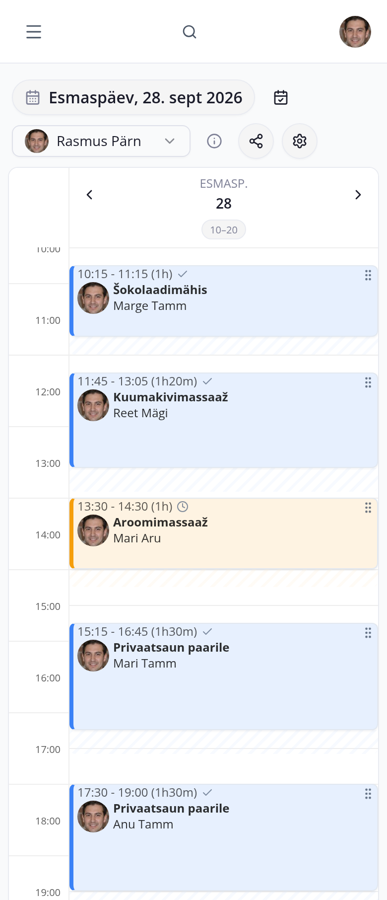 broneerimine.ee kalender telefonis: massööri päev, šokolaadimähis kell 10.15, kuumakivimassaaž kell 11.45 ja aroomimassaaž kell 13.30