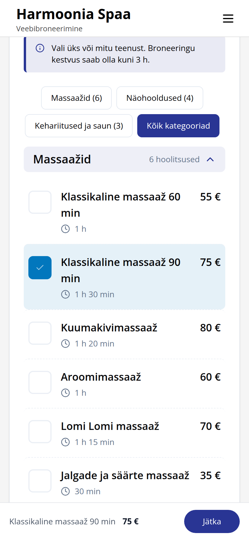 Hoolitsuse valik: massaažid hinna ja kestusega, Klassikaline massaaž 90 min valitud
